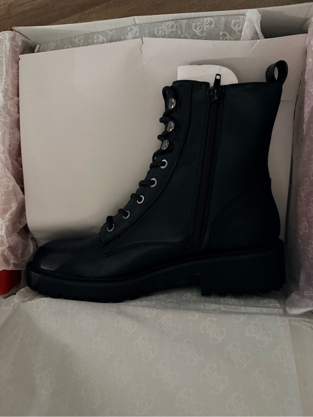 GUESS Black Lace-Up Combat Boots with Side Zip -Women’s 9.5M